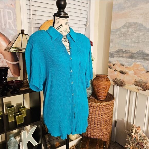 Vtg Melrose Rayon Blend Teal Ribbed Button Front Casual Blouse. - Picture 2 of 13